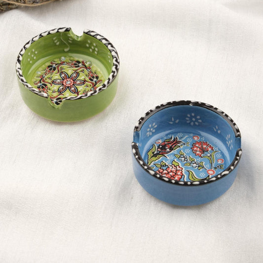 Buy1 Get1 | Handmade Green & Blue Ceramic Ashtray Set with Vintage Lids, Small Antique Style Smoking Trays, Elegant Decorative Ashtray Gifts