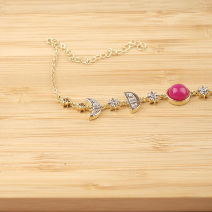 Pink Moon & Star Charm Bracelet for Women, Gold Celestial Jewelry with Soft Pink Accent Stone, Romantic Gift for Her, 22cm / 8.66in