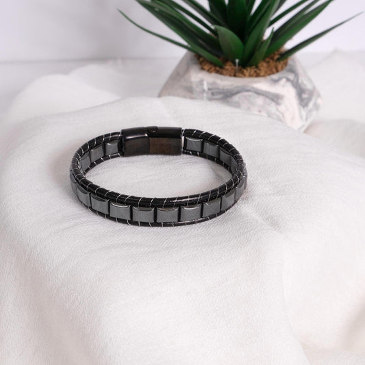 Hematite and Black Leather Men's Bracelet | Titanium Lock – 22cm(8.66in) Stainless Steel Finish Masculine and Durable with