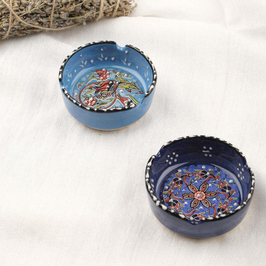 Buy1 Get1 | Blue & Navy Blue Ceramic Ashtray Set with Vintage Lids, Handmade Small Smoking Trays, Elegant Antique Style Decorative Ashtrays