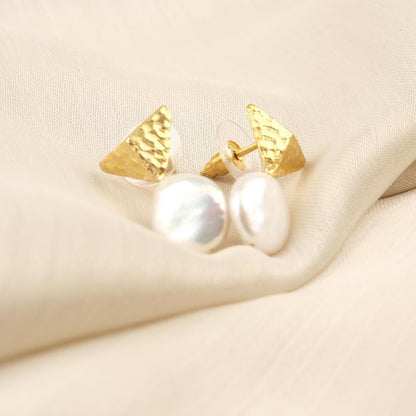 Handmade Genuine Pearl Stud Earrings, Pyramid Style Textured Gold Plated Design, Minimalist Chic Jewelry for Women, Artistic Modern Look