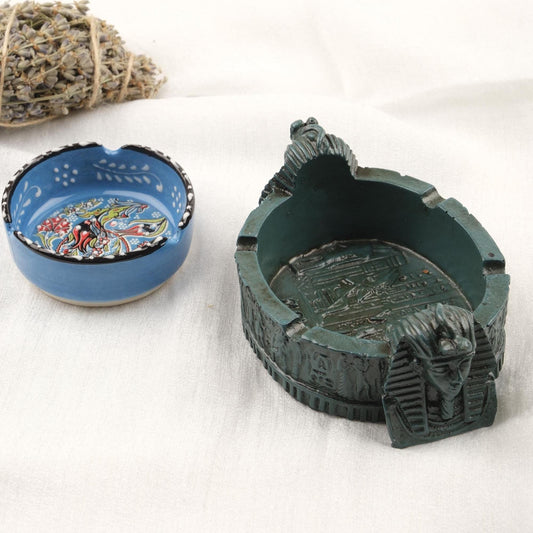 Buy1 Get1 | Blue Ceramic Ashtray & Ancient Pharaoh Style Green Vintage Ashtray, Handmade Decorative Smoking Trays, Unique Home Gifts