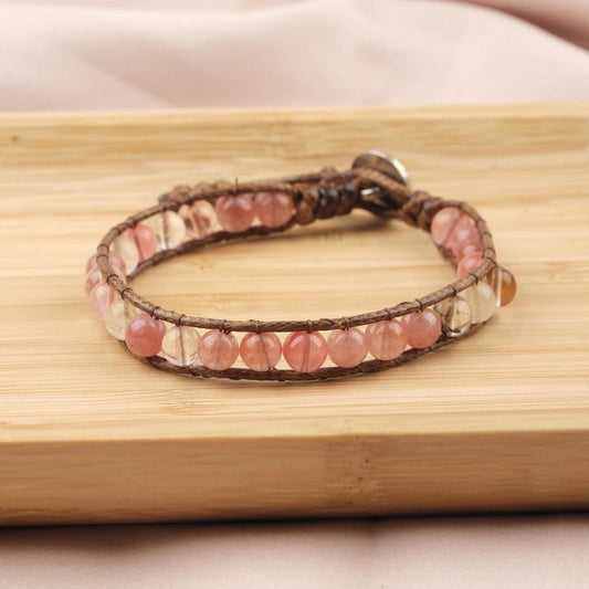 Stone of Love, Quartz & Leather Wrap Bracelet for Men, Adjustable Rose Quartz-Style Beaded Wristband, Gift for Him, 21cm / 8.26in