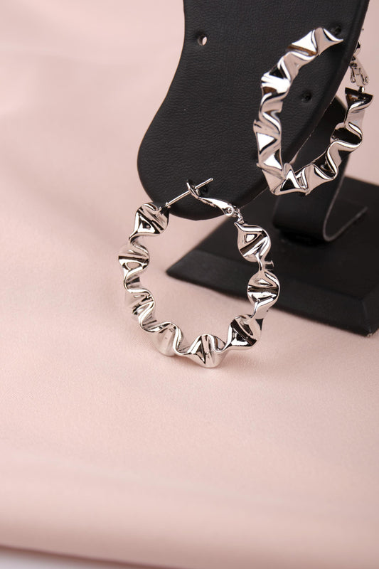 Silver Sculpted Art Hoop Earrings, Bold And Unique Hypoallergenic Jewelry For Women, Inspired By Movement, Made In Brass