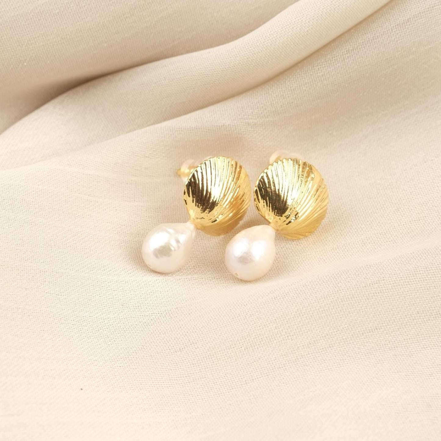 Handmade Genuine Pearl Shell Stud Earrings, Gold Plated Sea-Inspired Design with Real Freshwater Pearls, Elegant Vintage Style Gift Idea