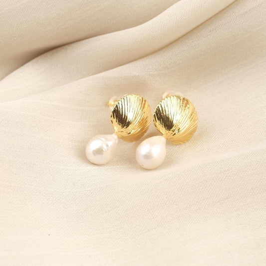Handmade Genuine Pearl Shell Stud Earrings, Gold Plated Sea-Inspired Design with Real Freshwater Pearls, Elegant Vintage Style Gift Idea