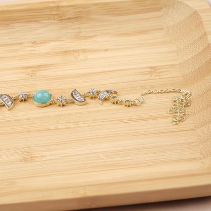 Celestial Moon & Star Bracelet for Women, Gold Charm Bracelet with Sky Blue Stone, Dainty Astrology Jewelry Gift for Her, 22cm / 8.66in