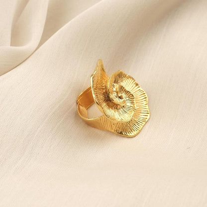Feel the Movement, Handmade Spiral Bloom Ring, Vintage Style Floral Design, Antique Looking Textured Petal Statement Band | Gold Plated Gift