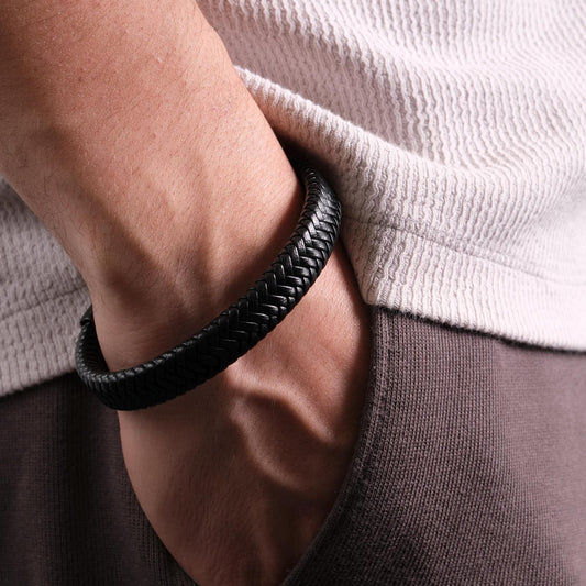 Matte Black Braided Leather Men's Bracelet 22cm, Minimalist Genuine Leather Wristband with Magnetic Clasp | Bold Modern Gift for Him