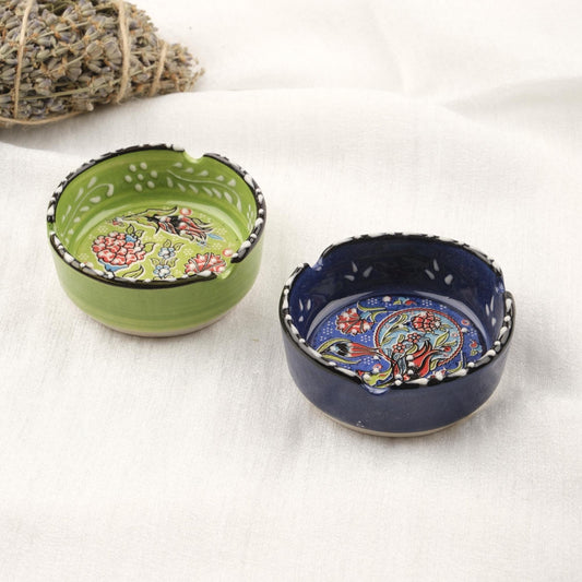 Buy1 Get1 | Green & Navy Blue Ceramic Ashtray with Vintage Lid, Handmade Antique Style Small Smoking Tray, Elegant Decorative Ashtray Gift