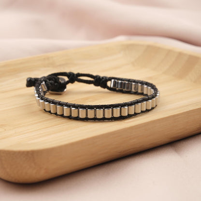 Stone of Grounding, Hematite & Leather Bracelet for Men, Dark Grey Crystal Bracelet Gift, Minimalist Wristband, 21cm / 8.26in