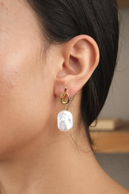 Handmade Genuine Pearl Tie Style Studs, Gold Plated Twisted Detail Earrings, Elegant Minimalist Jewelry For Women, Modern Freshwater Charm