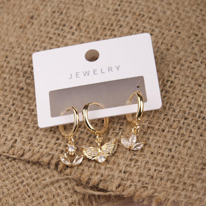 Gold Swan, Fairy And Flower Hoop Earrings, Dreamy Minimalist Jewelry For Women, Hypoallergenic Design, Made In Brass