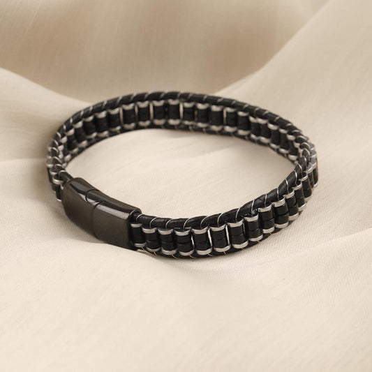Handmade Hematite & Genuine Leather Men's Bracelet, Bold Black , Titanium Lock, Elegant Statement Piece | 22 cm (8.66 in) gift