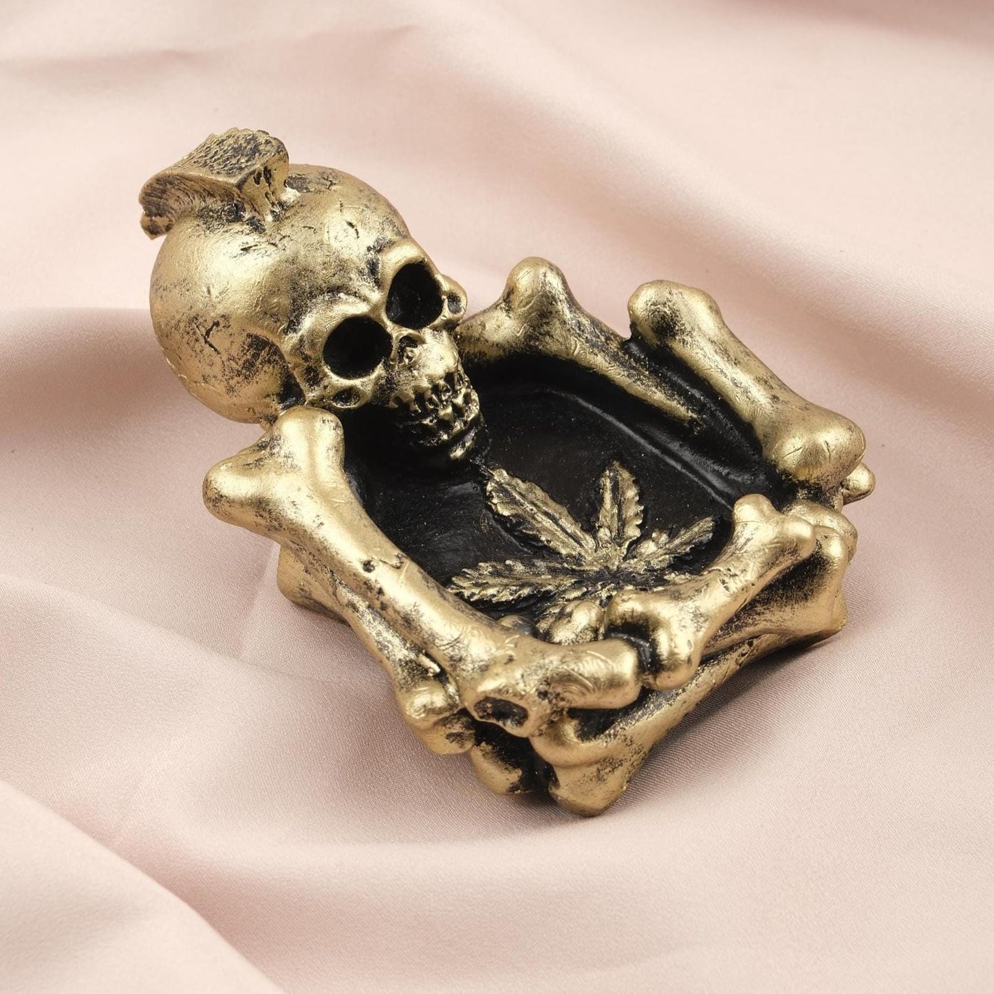 Gold & Black Marijuana Leaf Ashtray in Skeleton Form, Gothic and Hippie Art Cigarette Lid for Smokers, Unique Smoking Accessory | Skull Art