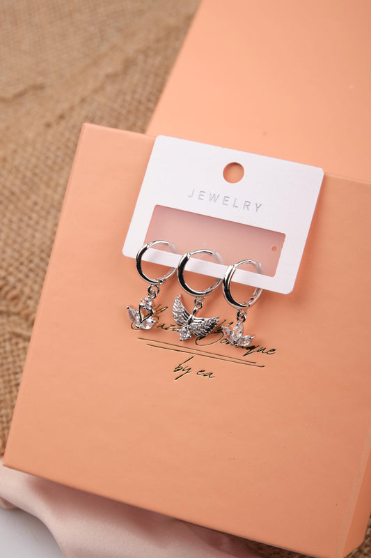 Silver Swan, Fairy And Blooming Flower Hoop Earrings, Spiritual Minimal Jewelry For Women, Hypoallergenic Brass Style