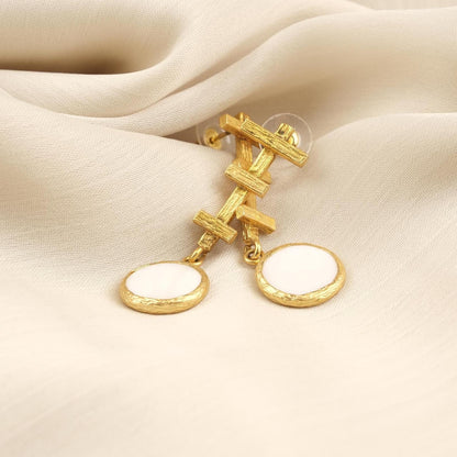 Handmade Artistic Stud Earrings With Genuine Pearl Discs, Gold Plated Abstract Design, Elegant Modern Jewelry With Vintage Style Charm Gift