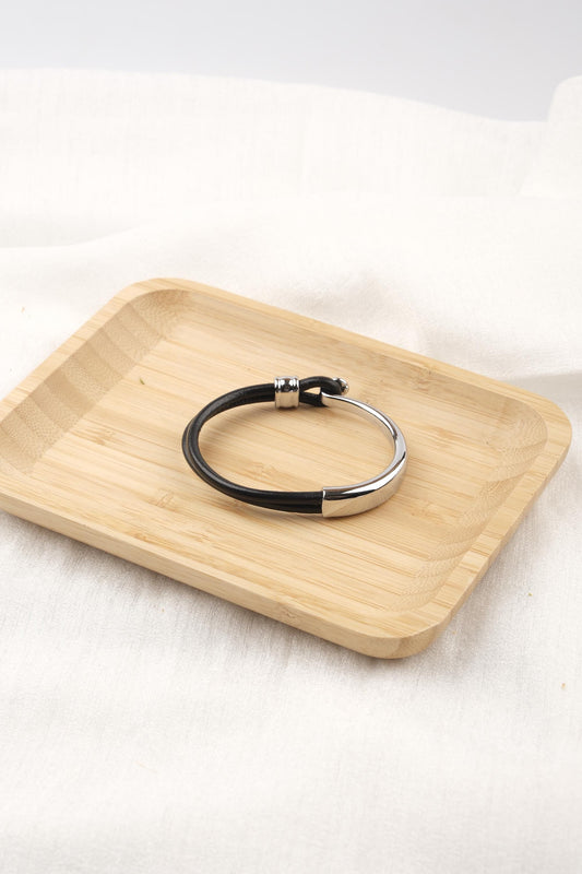 Timeless Elegance, Silver Hook Leather Bracelet for Men, Classic Wristband with Genuine Leather, Stylish Bracelet Gift for Him