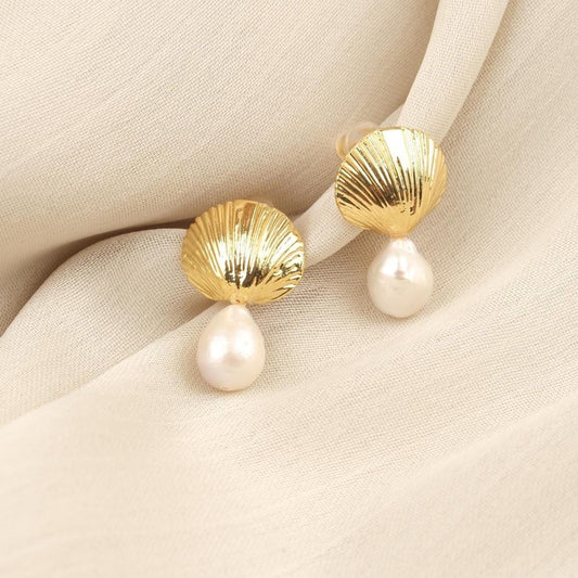 Handmade Genuine Pearl Shell Stud Earrings, Gold Plated Sea-Inspired Design with Real Freshwater Pearls, Elegant Vintage Style Gift Idea