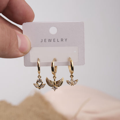 Gold Swan, Fairy And Flower Hoop Earrings, Dreamy Minimalist Jewelry For Women, Hypoallergenic Design, Made In Brass