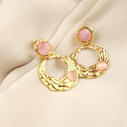 Handmade Gold Plated Stud Earrings with Rose Quartz Gemstones, Artistic Drop Design, Vintage Style Elegant Gift, Unique Statement Jewelry