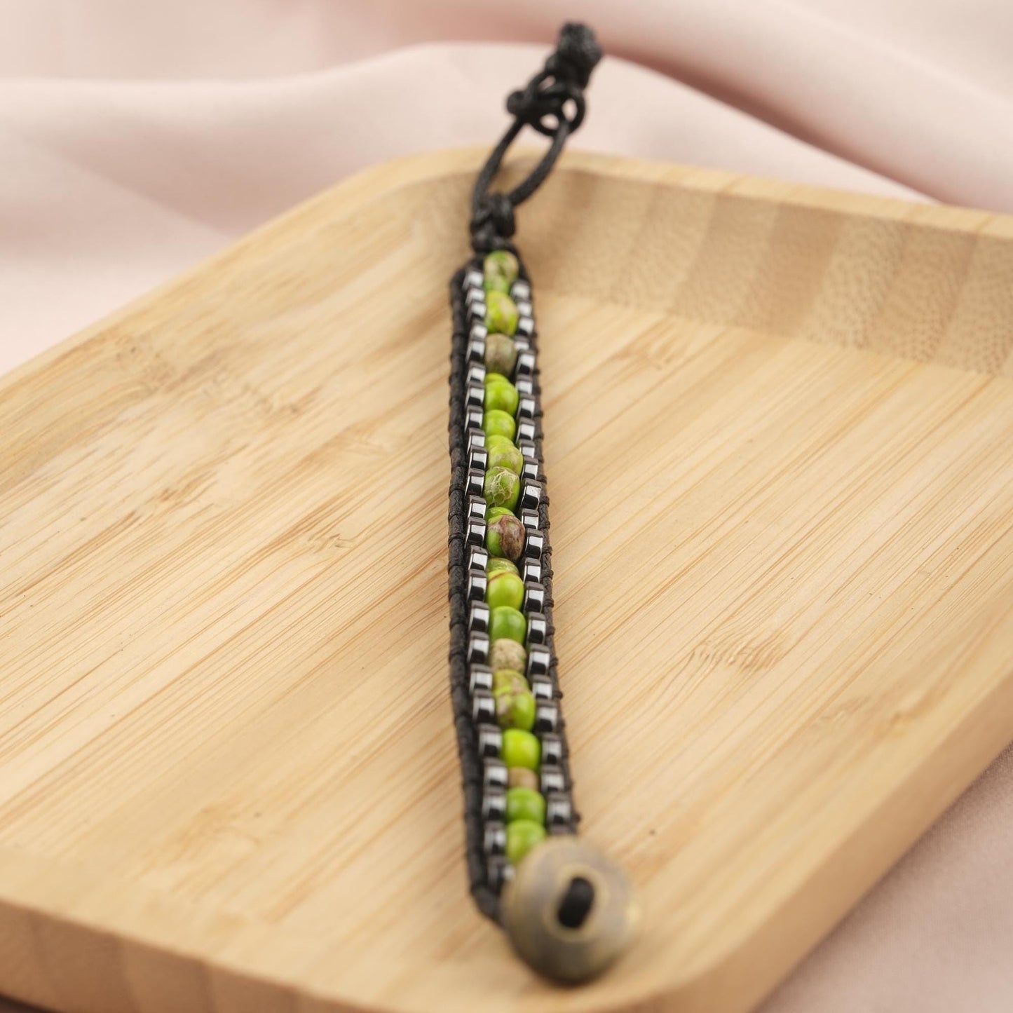 Stone of Vitality, Green Jasper & Hematite Leather Bracelet for Men, Bold Crystal Wristband Gift, Rugged Earthy Style, 21cm / 8.26in