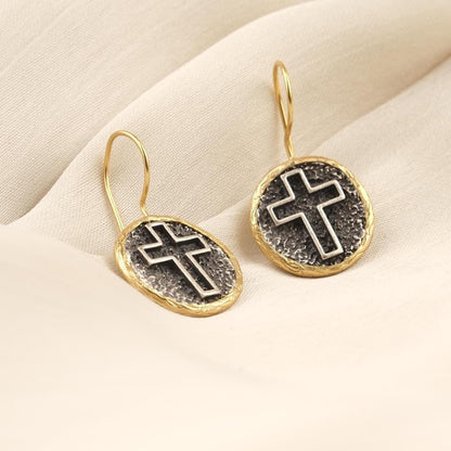 Handmade Gold Plated Cross Dangle Earrings, Textured Round Drop Design with Antique Looking Finish, Faith Inspired Elegant Gift for Her