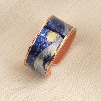 Vincent van Gogh “The Starry Night” Ring in Pure Copper, Adjustable Artistic Design | Handmade Antique Looking Vintage Style Statement Gift