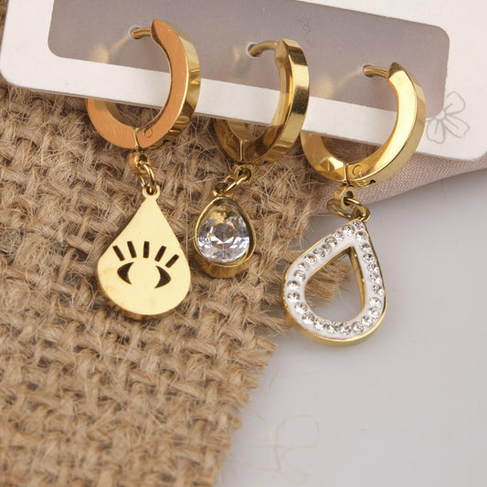 Gold Eye Drop And Diamond Earrings Set Of 6, Symbolic Hypoallergenic Jewelry For Women, Gift-Ready Brass Collection