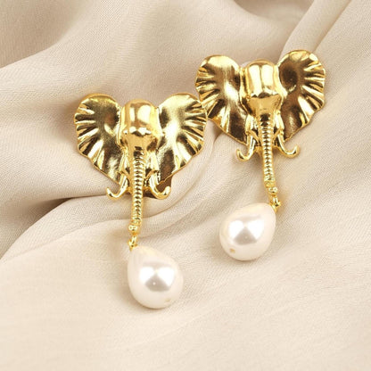 Handmade Gold Elephant Stud Earrings with Teardrop Faux Pearl, Cute Animal Design Jewelry, Playful and Elegant Antique Looking Gift Idea