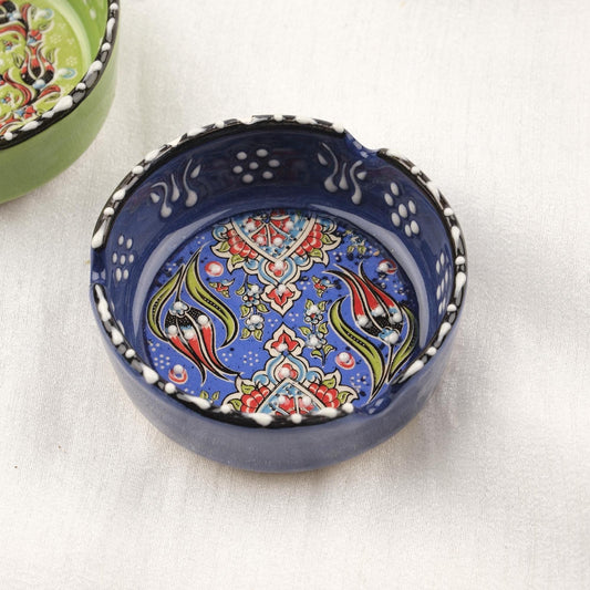 Buy1 Get1 | Green & Navy Blue Ceramic Ashtray with Vintage Lid, Handmade Antique Style Smoking Tray, Small Decorative Ashtray Gift
