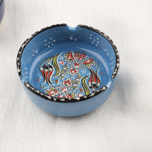 Buy1 Get1 | Blue & Navy Blue Ceramic Ashtray with Vintage Lid, Handmade Small Smoking Tray, Elegant Antique Style Decorative Ashtray Gift