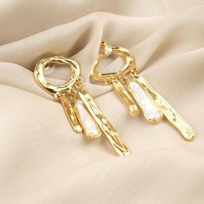 Handmade Genuine Pearl Artistic Earrings, Modern Abstract Design With Gold Plated Studs, Bold Baroque Statement Style For Unique Look Gift