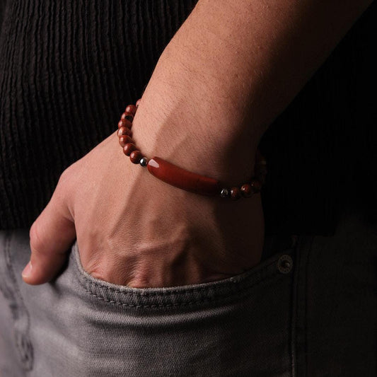 Red Classic Gemstone Bracelet with Silver Cord  Stainless Steel Gift for Men, Tough and Timeless Style, Cool Masculine Jewelry Gift for Men
