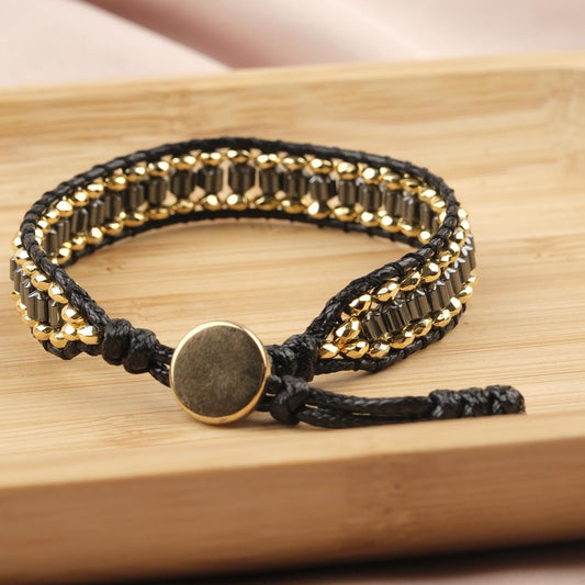Luxury Stone of Power, Hematite & Gold Beaded Leather Bracelet for Men, Crystal Wristband Gift, Elegant Masculine Jewelry, 21cm / 8.26in
