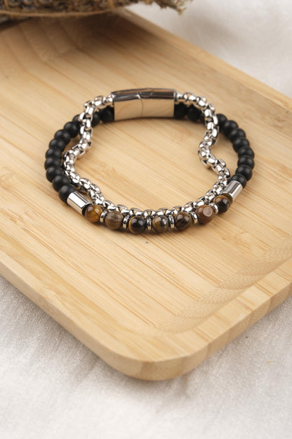 Stones of Strength and Focus, Tiger Eye and Hematite Leather Bracelet for Men, Crystal Bracelet Gift for Him or Boyfriend