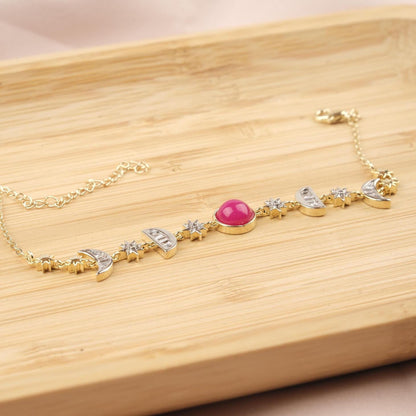 Pink Moon & Star Charm Bracelet for Women, Gold Celestial Jewelry with Soft Pink Accent Stone, Romantic Gift for Her, 22cm / 8.66in