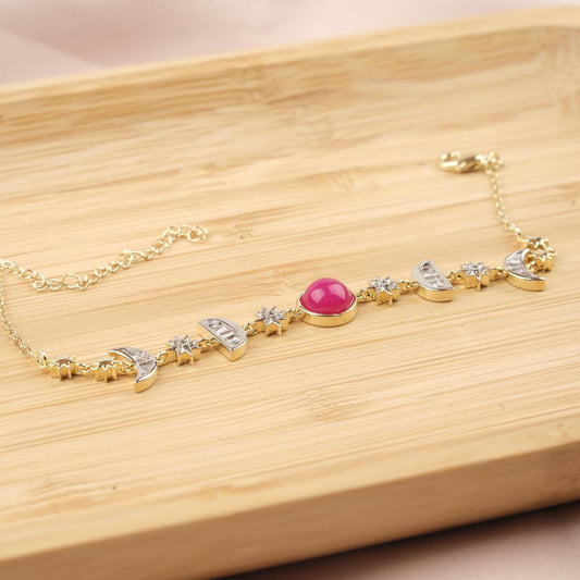 Pink Moon & Star Charm Bracelet for Women, Gold Celestial Jewelry with Soft Pink Accent Stone, Romantic Gift for Her, 22cm / 8.66in