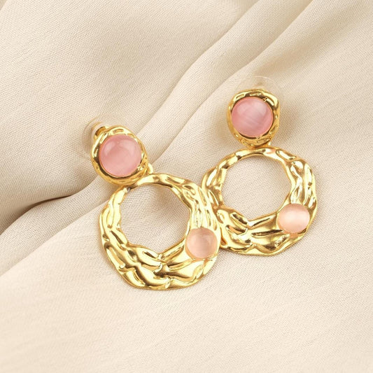 Handmade Gold Plated Stud Earrings with Rose Quartz Gemstones, Artistic Drop Design, Vintage Style Elegant Gift, Unique Statement Jewelry