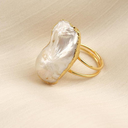 Handmade Genuine Pearl Statement, Antique Looking And Vintage Style Gold Plated Ring With Sculptural Artistic Abstract Design For Women
