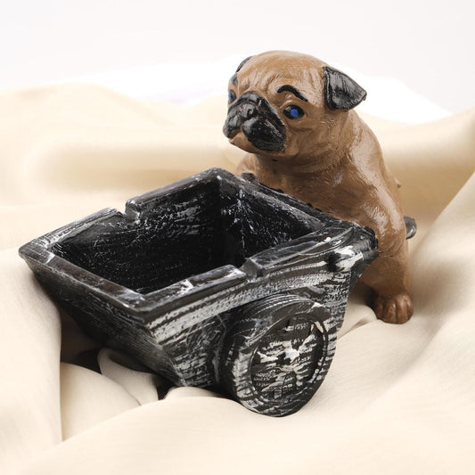 Green Pug Dog Ashtray in Wheelbarrow Cart, Cute Animal Smoking Tray, Handcrafted Dog Lover Gift  Whimsical and Functional Decor, 16x9x12cm