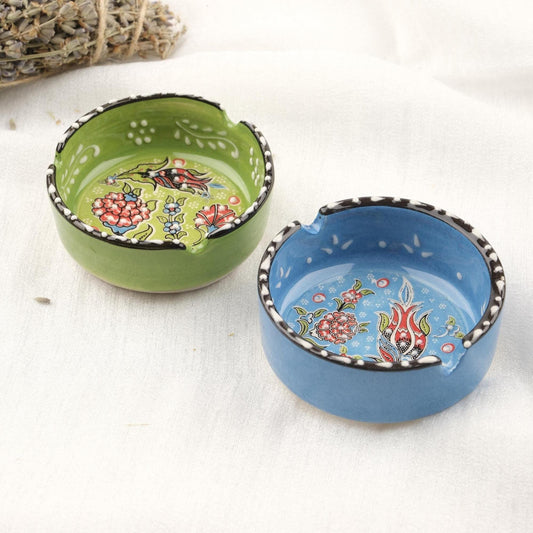 Buy1 Get1 | Green & Blue Ceramic Ashtray with Vintage Lid, Handmade Small Smoking Tray in Antique Style, Artistic Home Accent Gift Idea