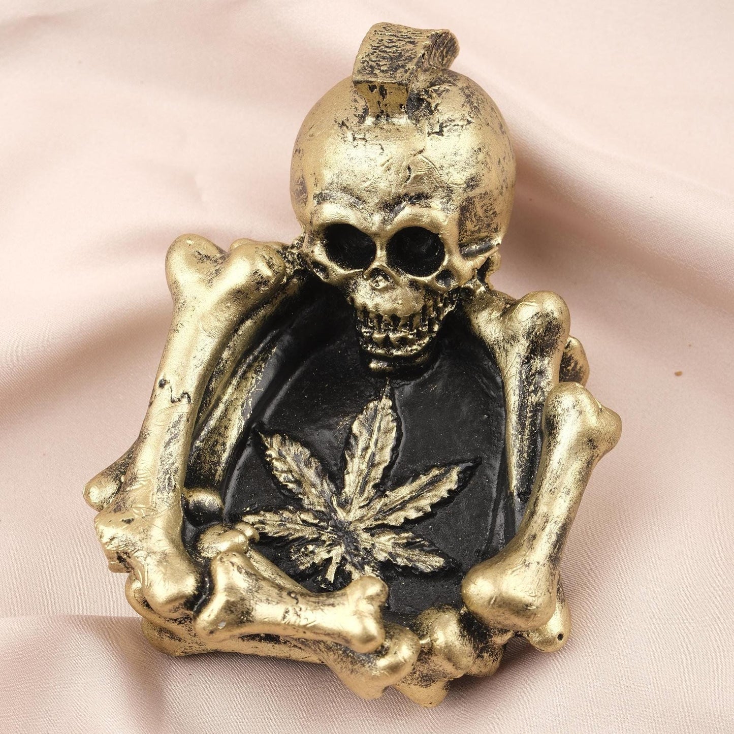 Gold & Black Marijuana Leaf Ashtray in Skeleton Form, Gothic and Hippie Art Cigarette Lid for Smokers, Unique Smoking Accessory | Skull Art