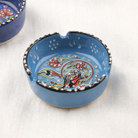 Buy1 Get1 | Blue & Navy Blue Ceramic Ashtray with Vintage Lid, Handmade Small Smoking Tray, Classic Antique Style Decorative Ashtray Gift