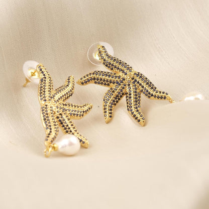 Handmade Real Pearl & Starfish Stud Earrings with Genuine Freshwater Pearl, Light Artistic Ocean-Inspired Design, Elegant Marine Style Gift