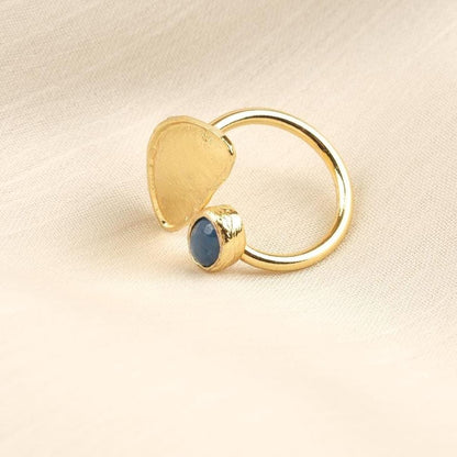 Handmade Classic Artistic Sodalite Gemstone, Antique Looking And Vintage Style Gold Plated Ring With Minimal Sculptural Design Accent