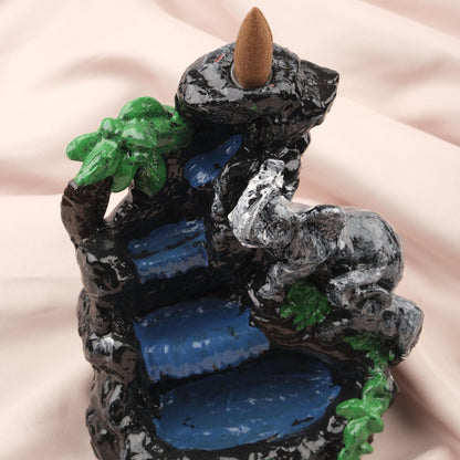 Mini Island with Elephant Waterfall Backflow Incense Burner, 17 cm / 6.7 in | Nature-Inspired Resin Smoke Fountain, Meditation Gift