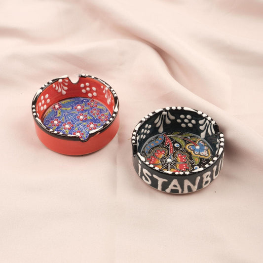 Buy1 Get1 | Handmade, Antique Looking Vintage Style Ashtray in Black & Red with Istanbul Design
