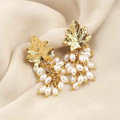 Handmade Genuine Pearls, Grape Stud Earrings, Gold Plated Artistic Cluster Design with Fresh Water Pearls Antique Looking Gift for Women