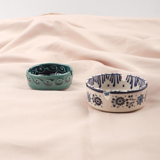 BUY 1 GET 1 Authentic Ashtray Set of 2 – Blue & Gray Ceramic Boho Decor, Turkish Anatolian Style Gift, Moroccan Gift Ashtray